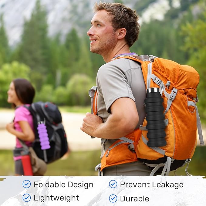 Collapsible Water Bottle, 16oz Portable Reusable Silicone Water Bottle, BPA-Free Leak-Proof Foldable Design with Carabiner, Lightweight Durable for Gym, Travel, Camping, Hiking, Sports, Light Blue