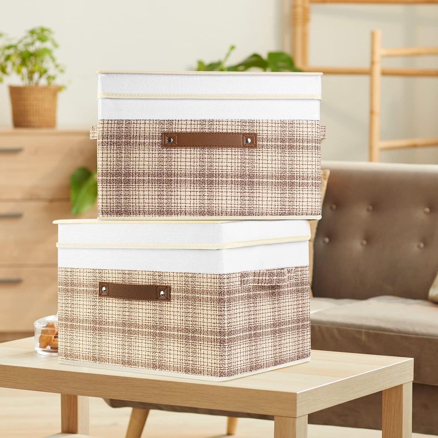 TYEERS Collapsible Storage Bins with Lids, Patchwork Design, Washable, Fabric Storage Boxes, 14.9x9.8x9.8 inches, 3 Pack, Camel Tan