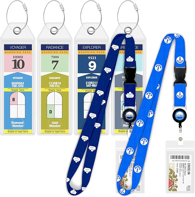 Cruise On Royal Caribbean Luggage Tag Holders (4 Pack) & Lanyards (2 Pack) – Large, Clear, Waterproof Cruise Essentials 2026-2027 – Secure Ship Tags & Cards (Royal & Navy Blue)