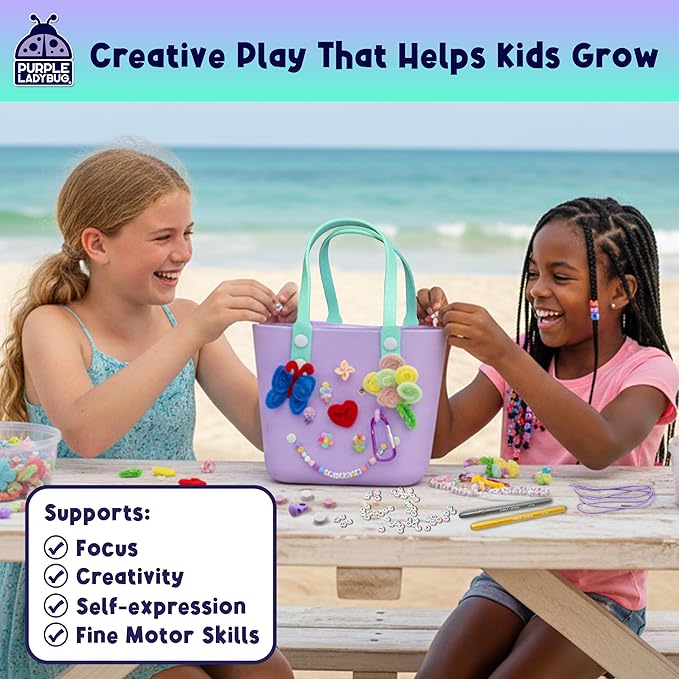 PURPLE LADYBUG Decorate Your Own Beach Tote Bag Tropical Fun- Themed Purple Rubber Beach Bag, Fun Girl Crafts for Girls Ages 6-8 Birthday Gift idea, Summer Travel Tote (Medium)