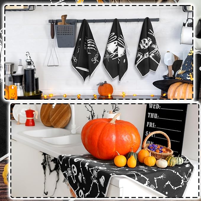 Bencailor 6 Pcs Skull Kitchen Towels Ghost Christmas Dish Hand Towels Skeleton Ghost Boo Tea Washcloth for Bathroom Kitchen Decor Party Gifts 24 x 16''