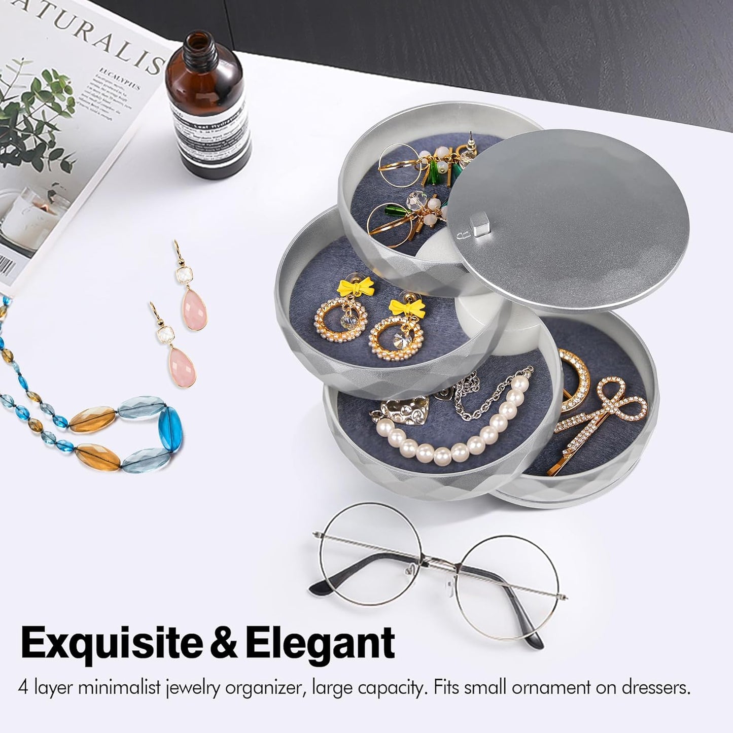 CONBOLA Travel Jewelry Case Box, Small Jewelry Organizer Earring Holder for Women, 5-Layer Rotating Jewelry Storage Tray with Lid for Bracelets Rings Bracelets