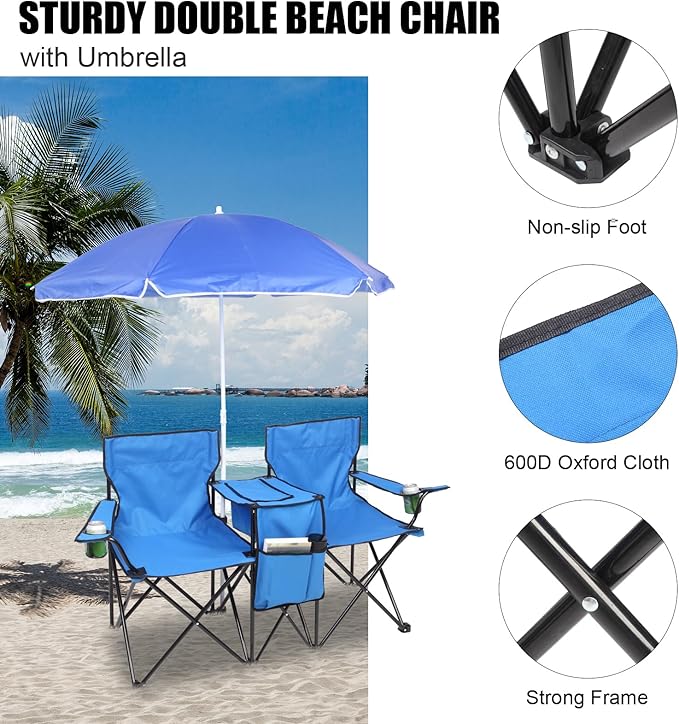Outvita Folding Double Camping Chair w/Umbrella Beverage Holder Carrying Bag Cooler Fold Up Table, Large Bearing Capacity for Beach Patio Pool Park Outdoor Blue