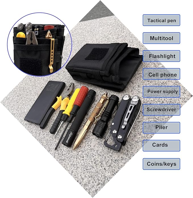 Belt Tool Pouch Holster, Multitool Organizer Pouch for EDC Gears Cellphone Case, Maezar Utility Sheath Bag, Nylon Tactical Tool Bag for Men, Small Pocket Phone Holder with D-Ring, Zipper(Black)