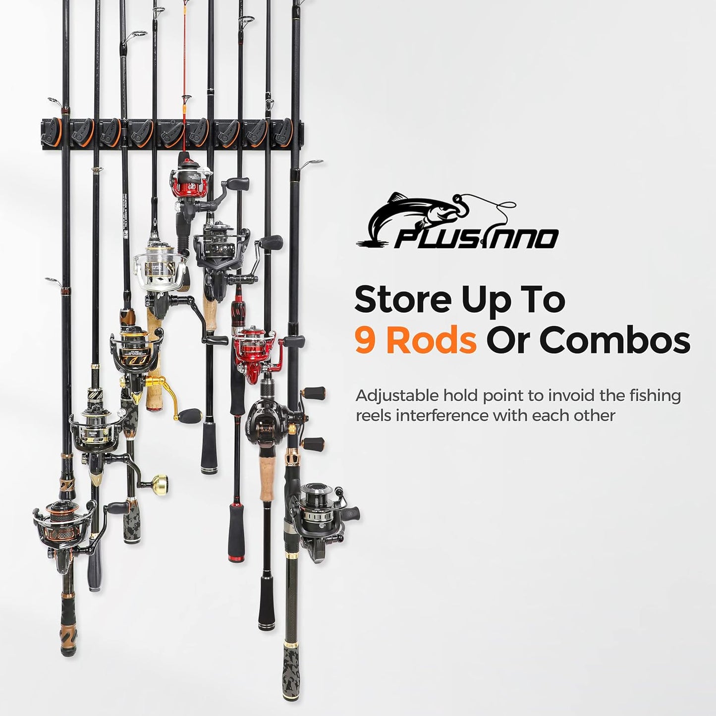 PLUSINNO V9 Vertical Fishing Rod Holders, 2 Packs Wall Mounted Fishing Pole Holders, Fishing Rod Racks Hold Up to 18 Rods or Combos, Fishing Pole Holders for Garage, Fits Most Rods of Diameter 3-19mm