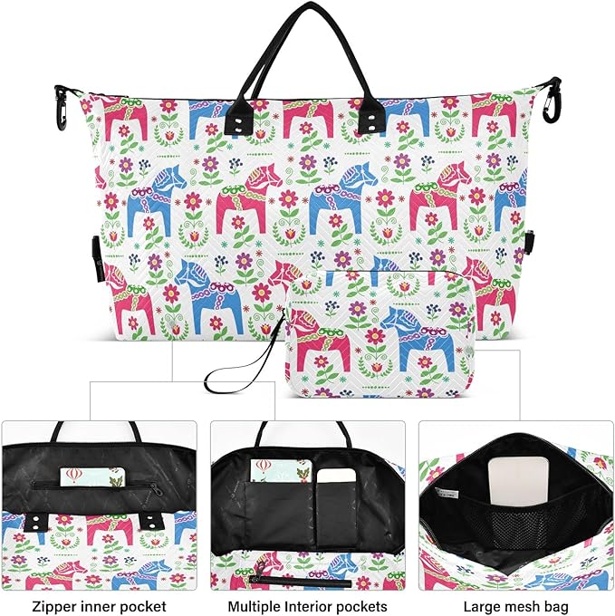 Travel Duffle Bag, Flower Horse Pattern Gym Bag with Storage Bag Weekender Overnight Bag for Men Women Trip Sports Yoga