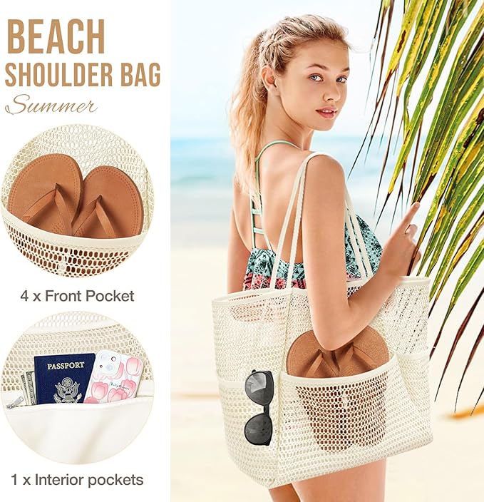 KPX Beach Bag with Mini Pocket, Beach Tote Bags for Women Large Foldable Mesh Swimming Pool Travel Bags - Sandproof
