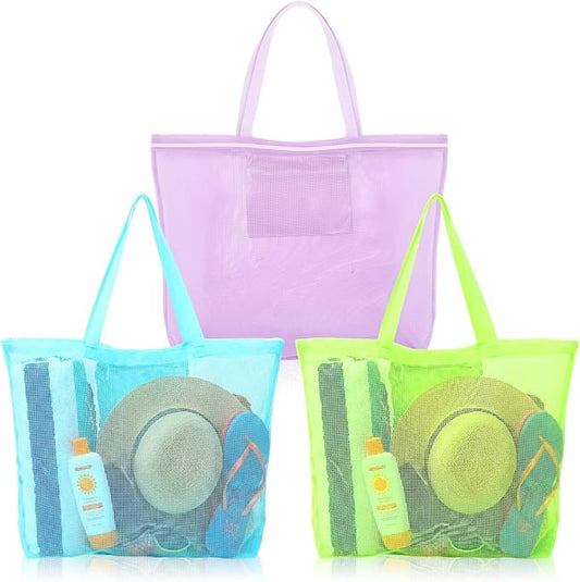 3 Pcs Mesh Beach Bags Portable Mesh Shower Beach Toy Bag With Drawstring Extra Large Tote Hanging Toiletry Bath Organizer for Camping Swimming Gym Travel