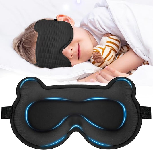 Kids Sleep Mask, 3D Sleeping Eye Mask for Kids with Adjustable Elastic Strap, Bear Shape Eye Cover with Memory Foam, Soft & Light-Blocking, Gift for Boys Girls Teens Age 5–15 (Black)