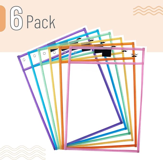Mr. Pen- Dry Erase Pocket Sleeves, 10 x 14 Inch, 6 Pack, Pastel Colors, Reusable Plastic Sleeves for Classroom, Clear
