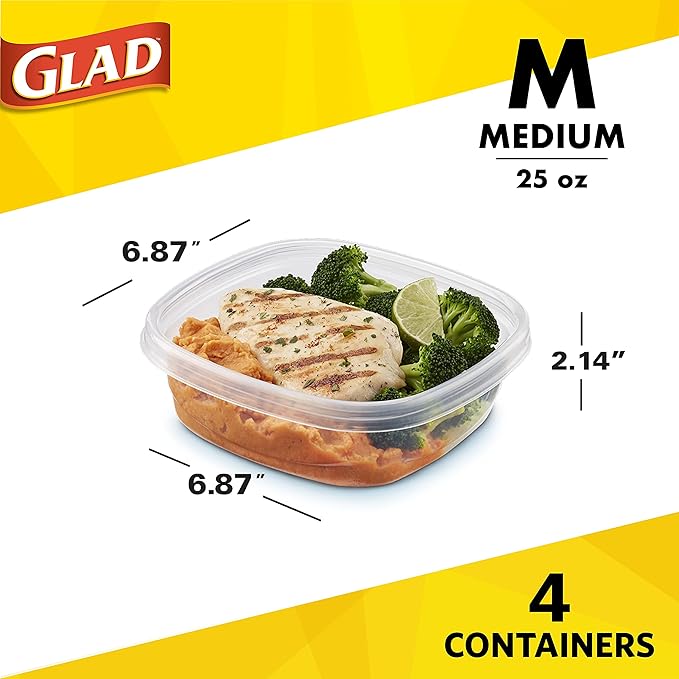 Glad GladWare Design Series Food Storage Containers with Lids, Medium Rectangle No BPA Plastic for Meal Prep and Lunches, Tight Seal, Microwave and Dishwasher Safe, 24 Oz, 4 Count