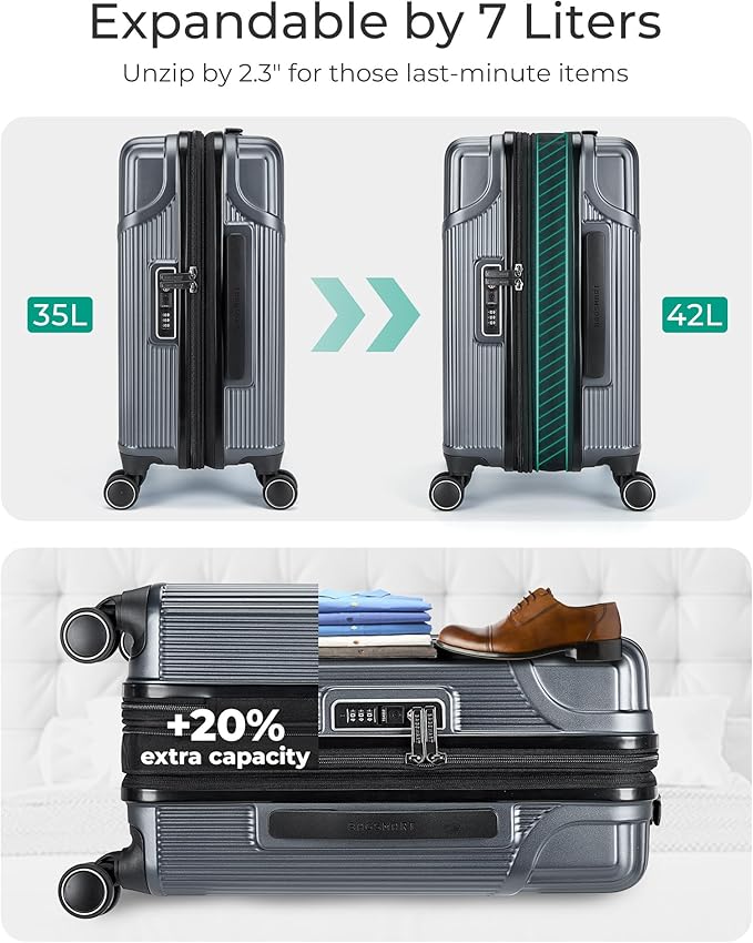BAGSMART Expandable Carry On Luggage 22x14x9 Airline Approved, Carry-On Suitcase with Spinner Wheels, Hardside Polycarbonate Rolling Travel Luggage with TSA Lock 20-Inch, Grey