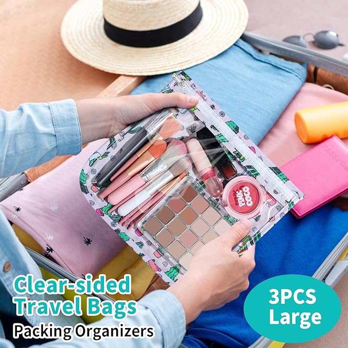 TSA Approved Toiletry Bag, Set of 3 Clear Travel Toiletry Bag Quart Size Zipper Travel Pouch, Waterproof Makeup Cosmetic Bag for Women Men Kids Toiletries Carry on, Cacti Large