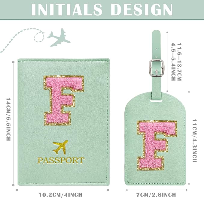 COSHAYSOO Initial Passport Cover Luggage Tag Set Letter Passport Holder for Woman College Teen Girls Airplane Cruise Travel Essentials Vacation Teal F