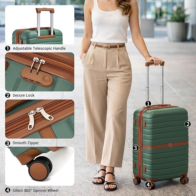 Kono Expandable 24 Inch Luggage with Spinner Wheels, Medium Checked Luggage with Lock, Lightweight & Anti-Scratch PC+ABS Hardshell Travel Suitcase, Green/Brown