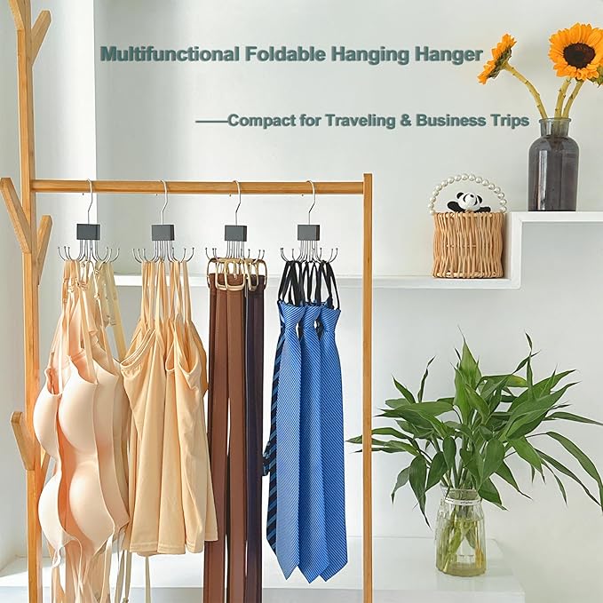 4 Pack Tank Top Hanger,Bra Hanger for Closet Organizer,Wooden Bra Storage Organizer with 8 Rotatable Metal Hooks for Space Saving,Foldable Bras Holder for Belts,Tank Tops,Ties(Black)