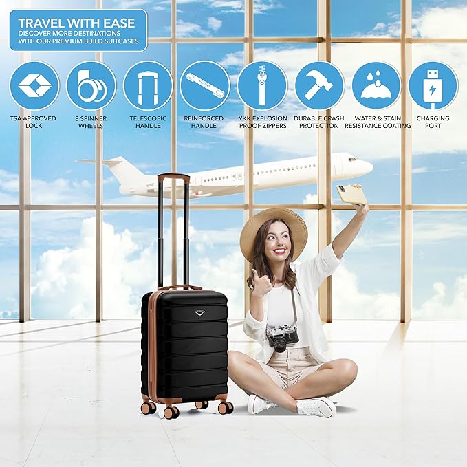 Flight Knight 21.5x15.5x9 Expandable Carry On Suitcase Hardside TSA Lock & USB C Port Lightweight Luggage Silent Double Spinner Wheels Maximum Canada Air Overhead Bag Airlines Approved Black/Tan