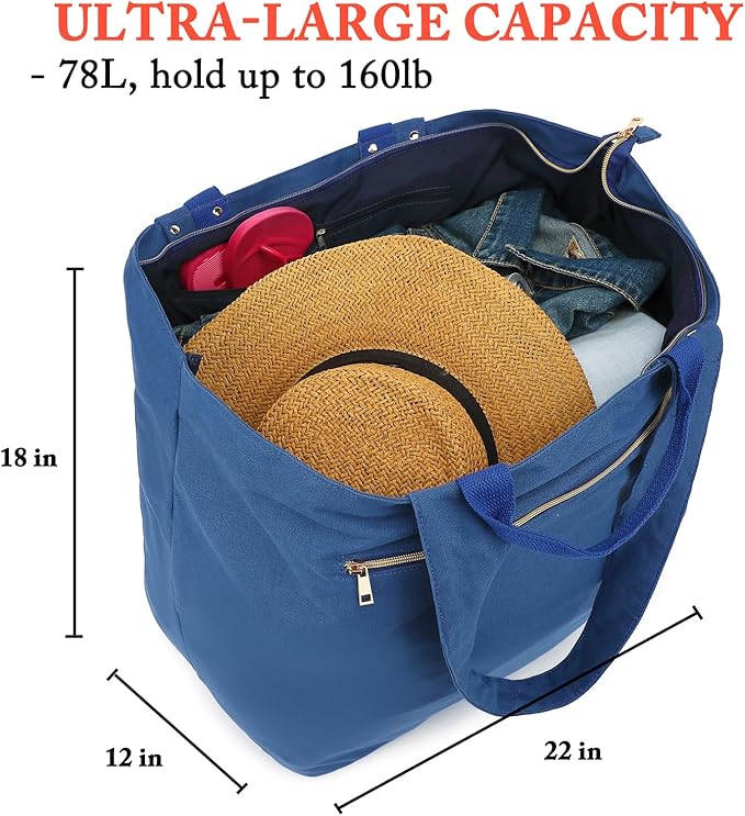 Large Canvas Beach Bag for Women, Beach Bags Waterproof Sandproof with Zipper & Wet Bag Cruise Essentials