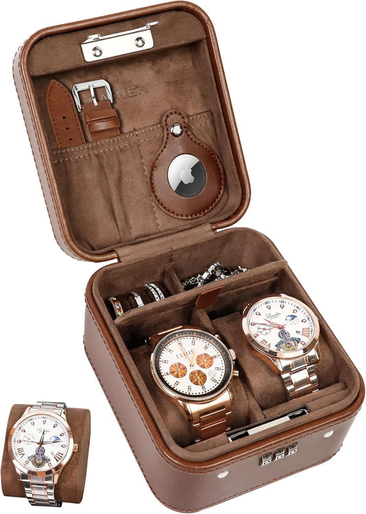 KAMIER Watch Travel Case with Combination Lock - 2 Watch Storage and Jewelry Organizer - Watch Case for Ring and Watch Storage, PU Leather Travel Watch Case, Ideal for Gift (With Gift Box) (Brown)