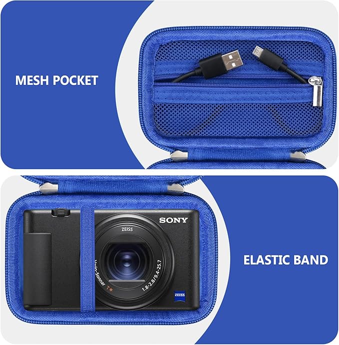 Hard Travel Case for Sony ZV-1F / ZV-1 / ZV-1 II Digital Camera, Storage Holder Travel Bag with Zipper Mesh Pocket for Battery Pack, Charging Cable, USB Card, Blue