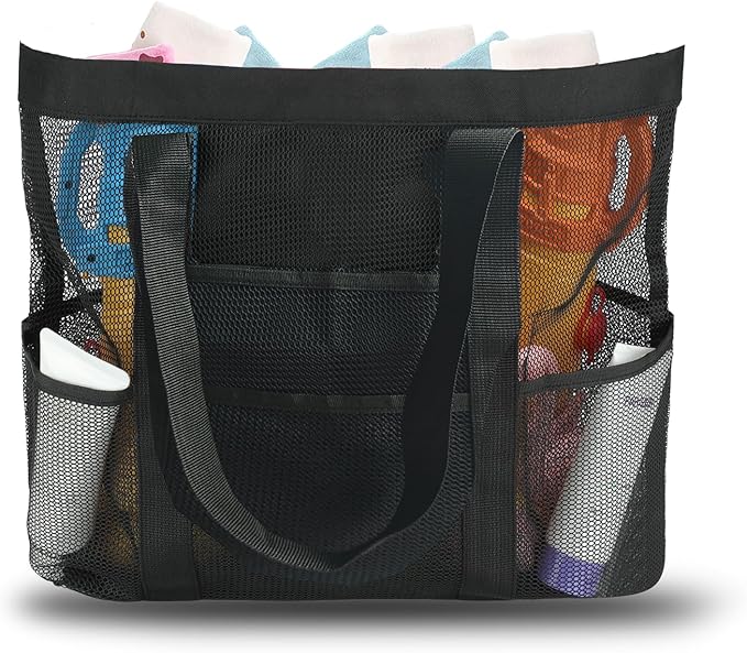 Large Mesh Beach Bag, Beach Tote Bags with 9 Pocket for Family