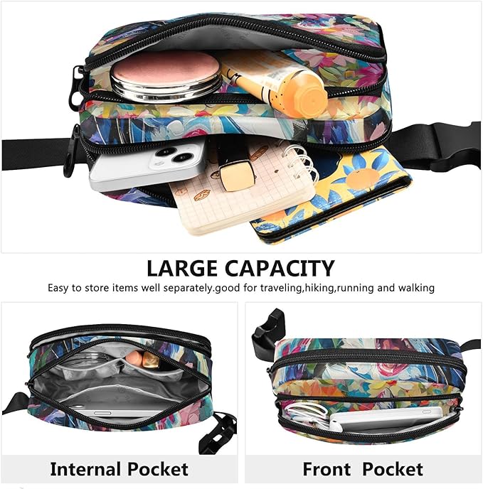 Cat Flower Oil Painting Fanny Pack for Women Men Water Resistant Fashion Waist Packs with Adjustable Strap Belt Bag for Travel Workout Jogging Hiking 21220496