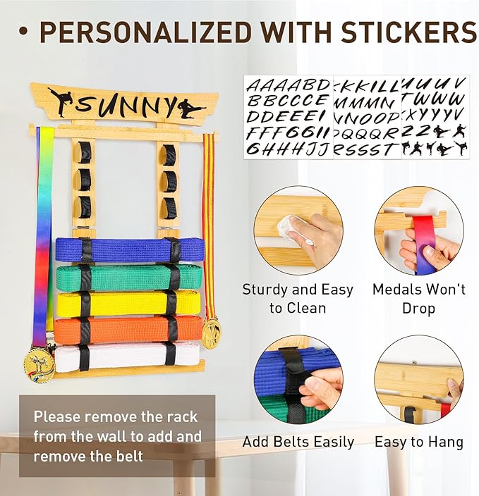 Tilhumt 8 Belt Karate Belt Display Rack with Medal Hanger and Stickers, Taekwondo Belt Display Holder, Martial Arts Belt Display Organizer for Adults, No Assembly Required (Bamboo/Acrylic)