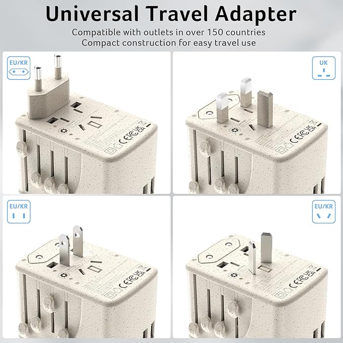 Acer Universal Travel Plug Adapter - International Power Adapter with 5 USB Ports (3 USB C) 5.8A, Worldwide Outlet Charger for USA to European UK France Germany Spain, Type C/E/F/G/I/L/A,Beige