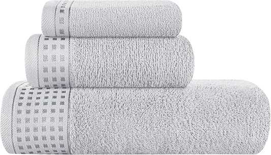 GLAMBURG Ultra Soft 3 Pack Cotton Towel Set, Contains a Bath Towel 28x55 inch, a Hand Towel 16x24 inch & a Wash Coth 12x12 inch, Ideal Everyday use, Compact & Lightweight - Light Grey