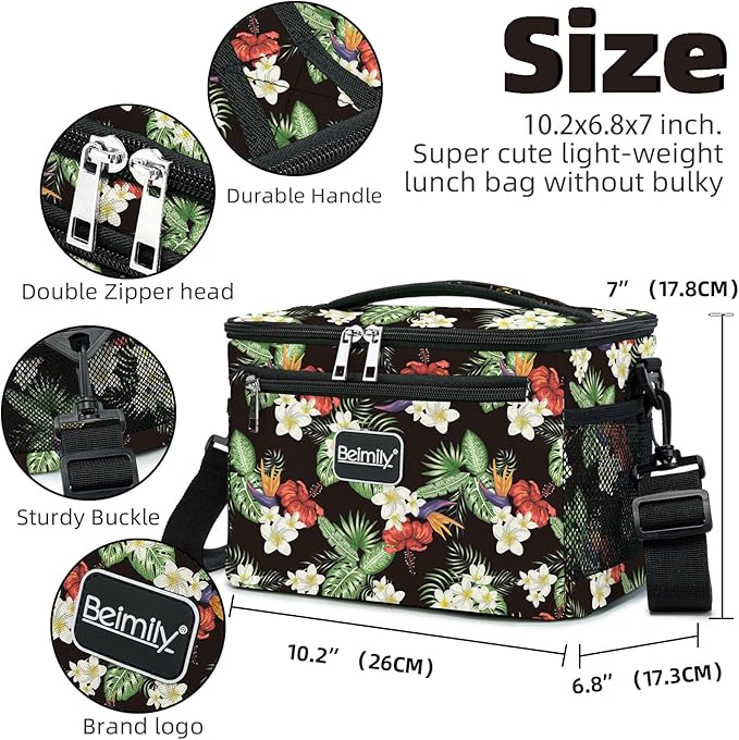 BEIMILY Lunch Box for Men/Women,Lunch Bag,Small Insulated Lunch Soft Cooler Bag Tote,Small Lunch bag for work,Adult Lunch Box,Reusable Leakproof Lunch Bag with Adjustable Shoulder Strap(floral red)