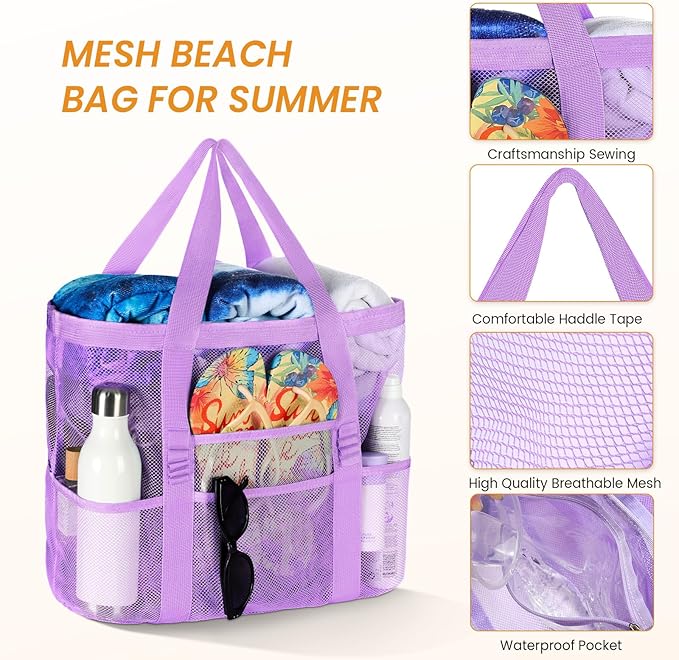 Tavaleu Mesh Beach Bag - Large Beach Tote with Multi Functional Pockets for Family Travel/Vacation