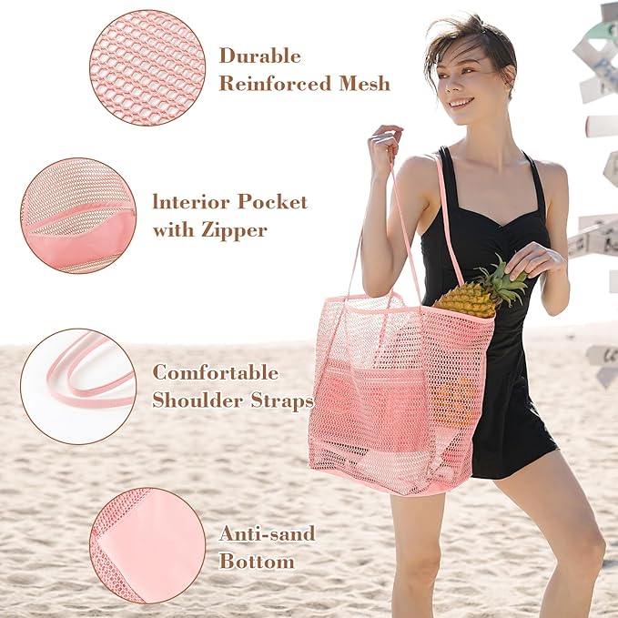 Tavaleu Mesh Beach Bag, Beach Bags for Women, Woven Straw Beach Tote Bag Waterproof with Inner Pocket, Packable Beach Bag