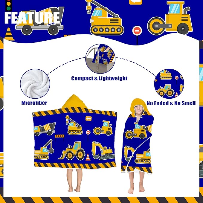 Excavator Hooded Beach Towel for Boys, Soft & Absorbent Truck Excavator Poncho Towel, 30”x50” Construction Truck Bathrobe for Kids Cool Cartoon, Quick Dry Swim, Pool, and Bath Time