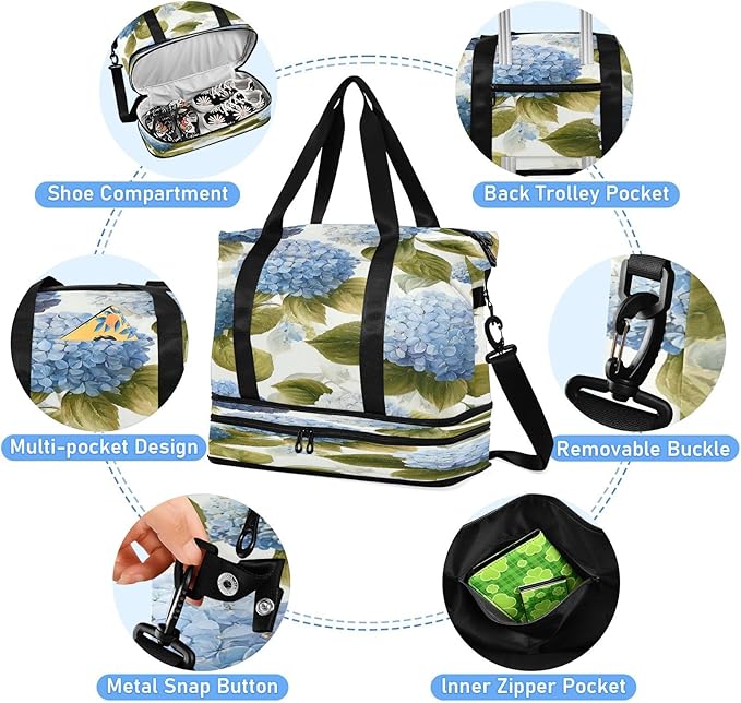 Travel Duffel Bags for Women Watercolor Blue Hydrangea Floral Sports Duffel Bags Gym Bags with Shoes Compartment Tote Bag Weekender Bag for Travelling