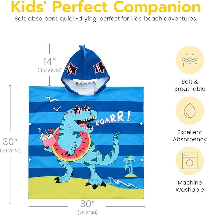 Joiedomi Kids Beach Towels with Hood for Boys Blue Dinosaur Hooded Toddler Bath Towel Quick Dry Soft Microfiber 30"x30"