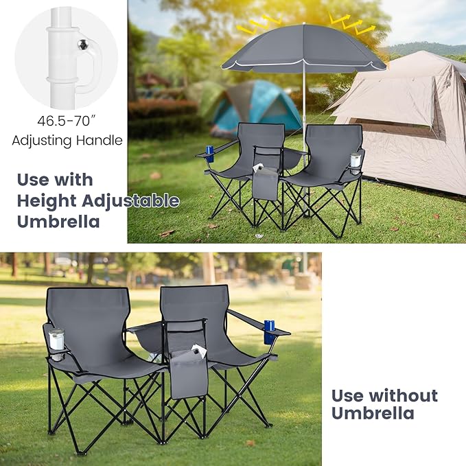 KOTEK Double Camping Chair, Folding Camp Chair with Removable Umbrella, Cup Holders, Cooler Bag, Side Pocket & Carry Bag, 2-Person Beach Chair for Outdoor, Sports, Concerts, Travel, Picnic (Grey)