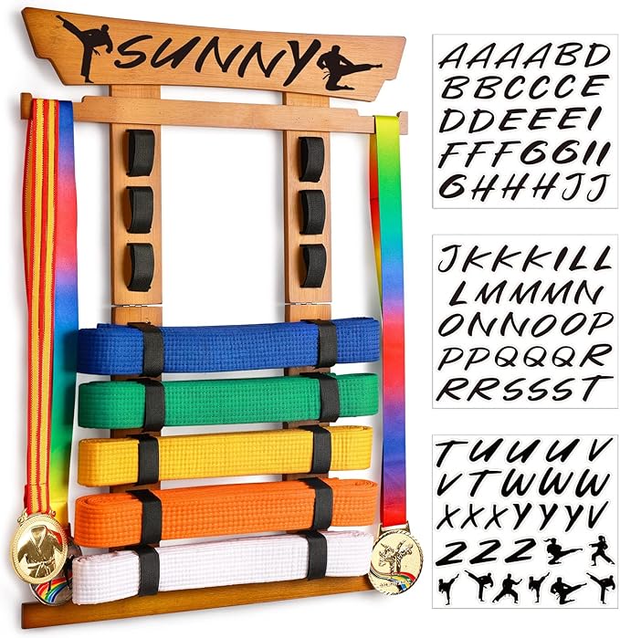 Tilhumt 8 Belt Karate Belt Display Rack with Medal Hanger and Stickers, Taekwondo Belt Display Holder, Martial Arts Belt Display Organizer for Adults, No Assembly Required (Bamboo/Acrylic)