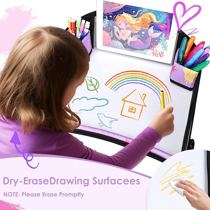 2PCS Kids Travel Tray for Airplane - Toddler Car Seat Table Tray, Road Trip Essentials for Boys & Girls, Carseat Lap Desk for Kids Road Trip Activities (Dark Blue Car/Purple Mermaid)