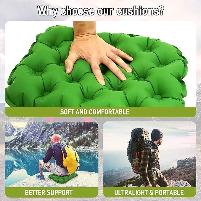Inflatable Seat Cushion, Lightweight Stadium Seat Pad, Travel Air seat Cushion Anti-Slip for Airplane, Hiking, Climbing, Home and Camping,Green