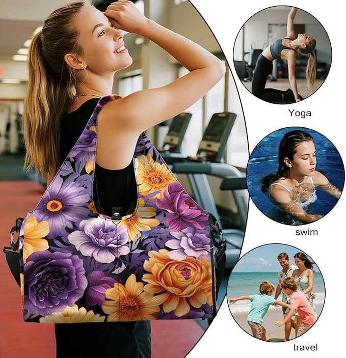 Purple Floral Womens Gym Bag with Shoe Compartment Lightweight Overnight Weekender Duffel Bag for Travel Sports Fitness Workout Yoga Mat Holder Organizer