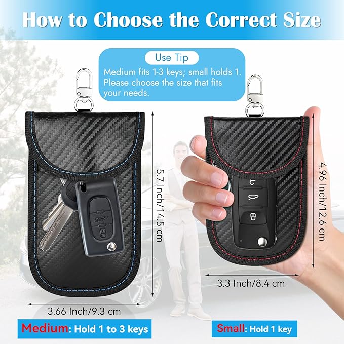 2 Pack Faraday Key Fob Protector, Premium Car RFID Signal Blocking Pouch, Secure Faraday Bag for Car Key Fob, Anti-Theft Case (Red+Blue, Small)