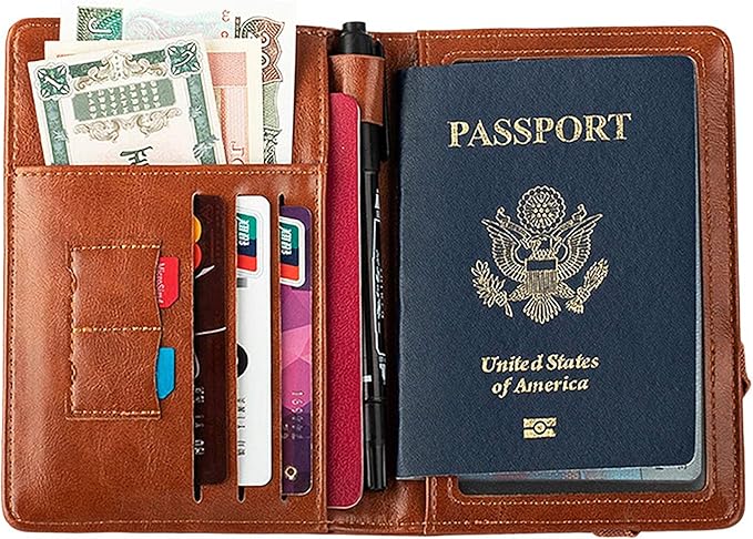 Genuine Leather Passport Holder Cover - RFID Blocking Travel Wallet & Passport Case with Pen Holder, Dual SIM Card Slots & Boarding Pass Pocket for Men & Women,Family Travel Essentials, Retro Style