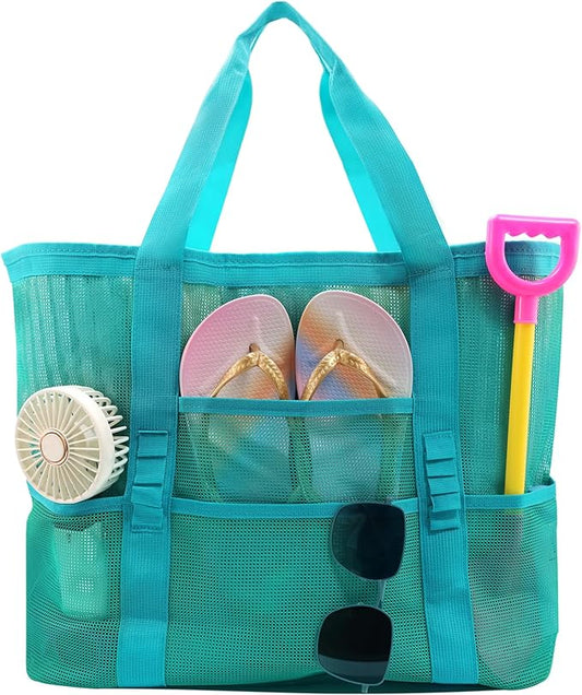 Large Mesh Beach Tote Bag, 9-Pocket Foldable Summer Vacation Beach Bag for Travel, Pool, Gym, Cruise
