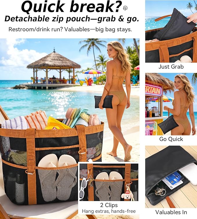 2026 Chic & Spacious XX-Large Beach Bag for Women — Mesh × Canvas Tote with Top Zipper, 11 Pockets, Detachable Pouch | 40L+ Spacious, 11 Tall Pockets, Zipper Pouch, Secure Zip-Top, Sand-Resistant Base