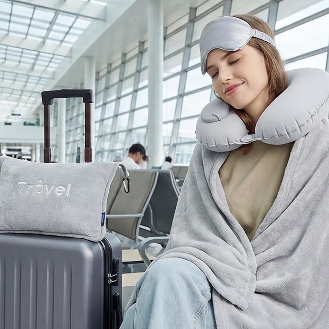 Bedsure Travel Blanket and Pillow Set with Inflatable Neck Pillows, Eye Mask and Storage Bag, Lightweight 3-in-1 Airplane Packable Blanket, Compact Travel Essentials, Grey