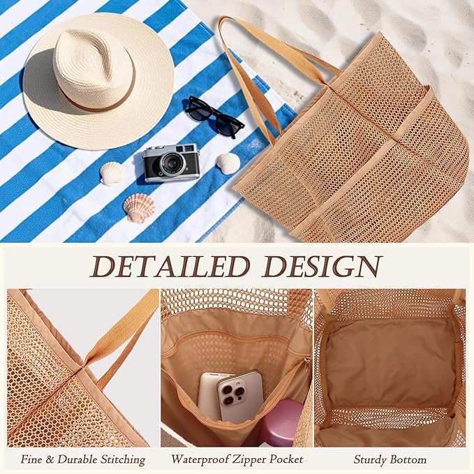Beach Bag for Women with Outer Pocket, Waterproof Large Tote Bag for Cruise Essentials