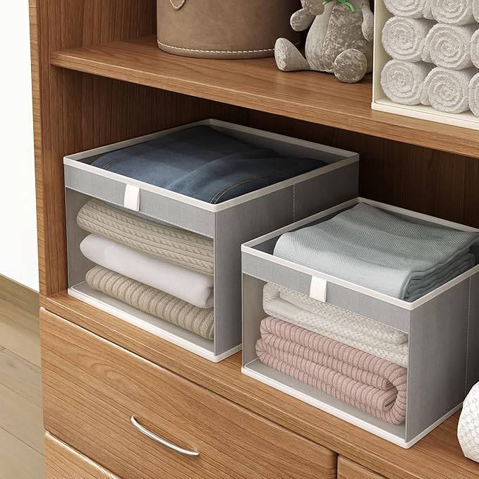 Linen Closet Organizers and Storage, Closet Storage Bins Basket Organizer, Foldable Organization Baskets with Mesh Window for Clothes Towels and Toys, 14.5" x 14.5" x 10.25", Gray, 4 pack