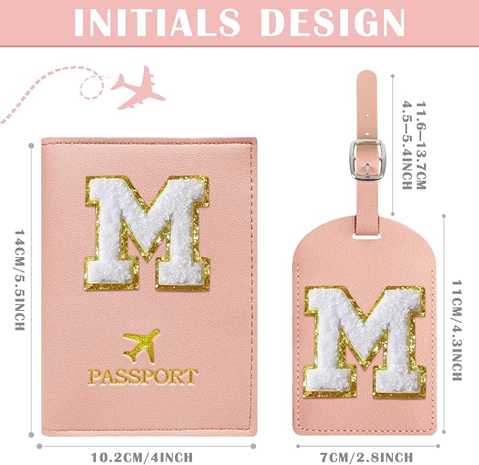 COSHAYSOO Pink Passport Cover Case Holder and Luggage Tag Set for Travel Women Teenager Girls with Initial Monogrammed Letter, Personalized Traveler Gifts Traveling Essential Accessories M