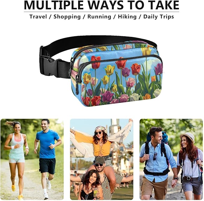 Vibrant Tulips Blossom Fanny Pack for Women Men Water Resistant Fashion Waist Packs with Adjustable Strap Belt Bag for Travel Workout Jogging Hiking 21220465