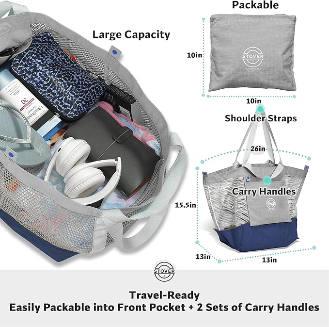 STOVER Extra Large Mesh Beach Bag, Vacation, Pool, Shopping & Travel Tote - Foldable w/Storage Pouch & Pockets for Women, Men
